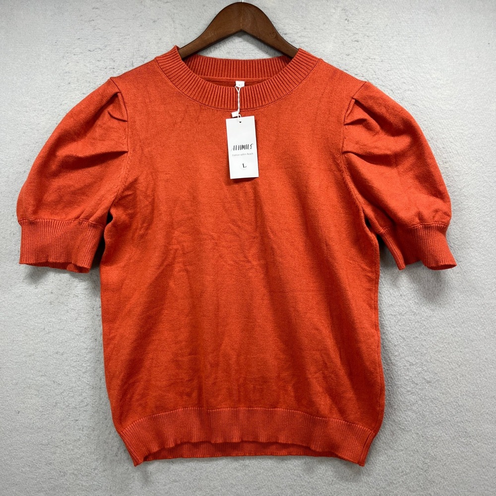 Athmile Puff Sleeve Sweater Womens Large Orange Short Sleeve Crew Neck Knit Top